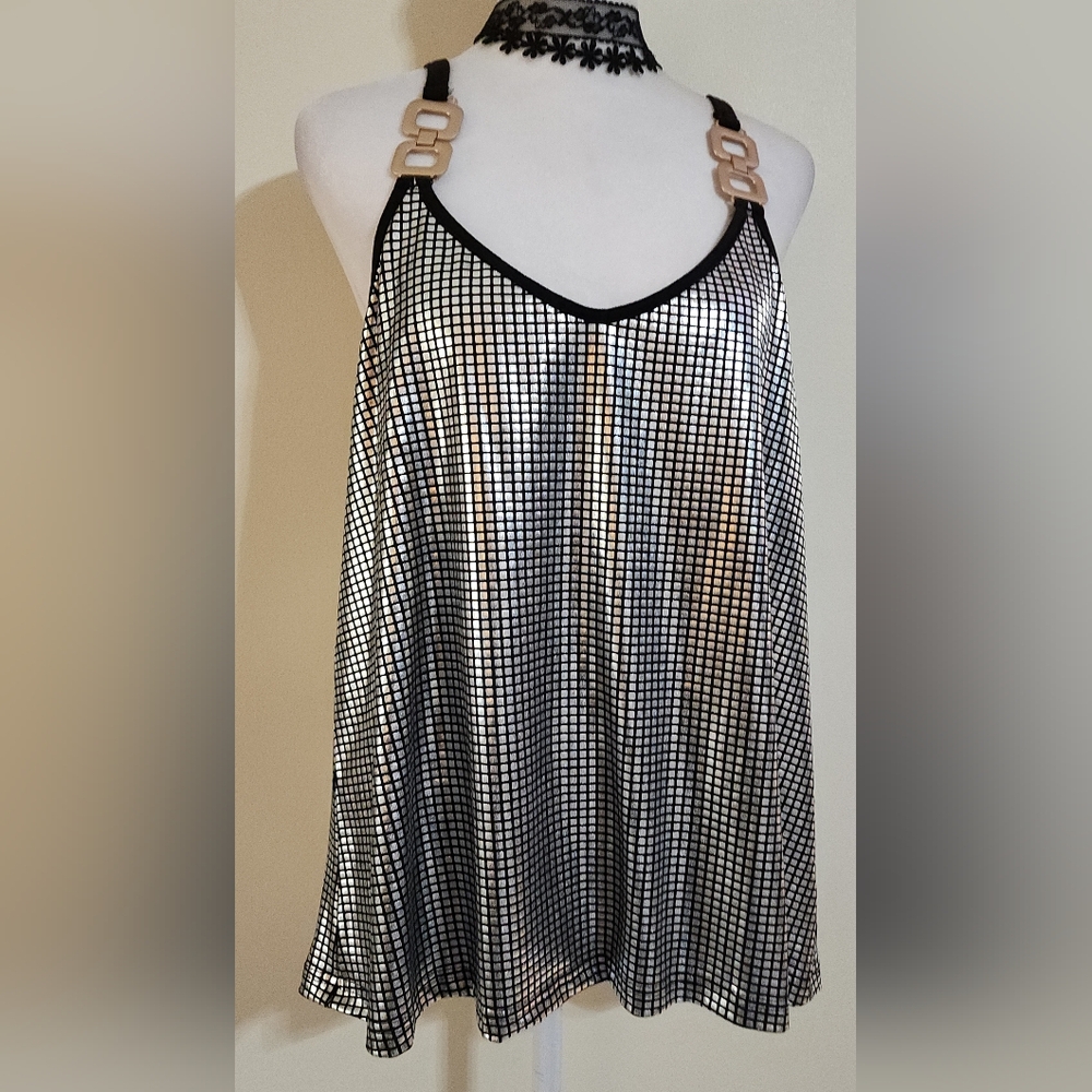 Shiny Silver and Black Cami Tank Top With Metal Chain Details Women's Size XL